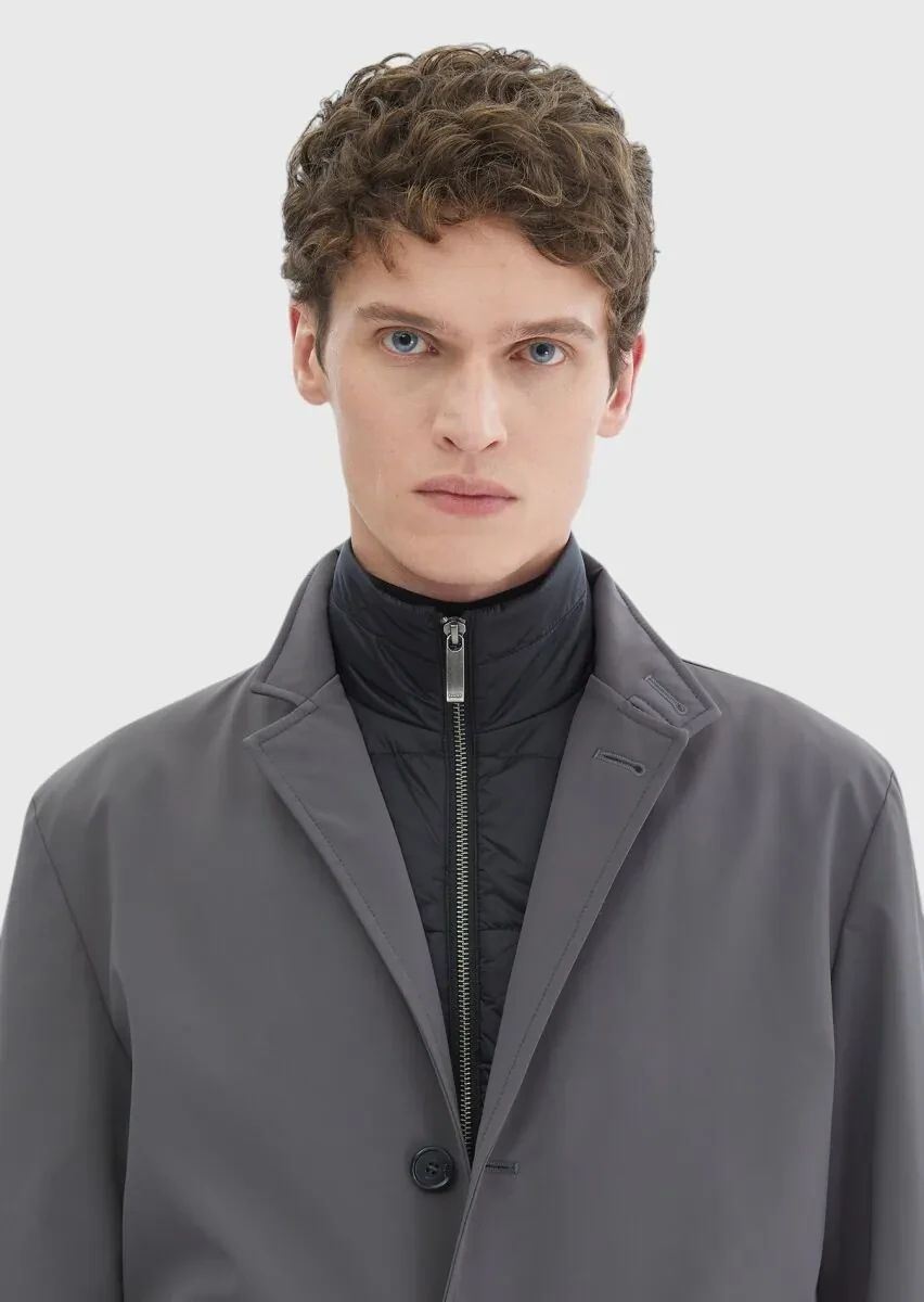 Dark Grey Regular Fit Double Breasted Collar Casual Weaving Rain Coat - 3