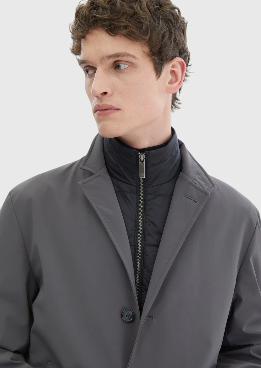 Dark Grey Regular Fit Double Breasted Collar Casual Weaving Rain Coat - 4