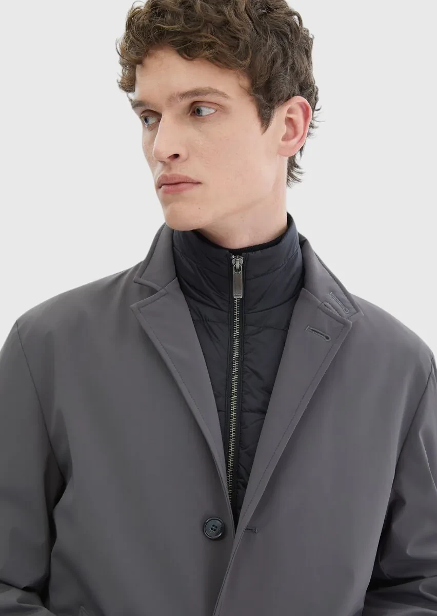 Dark Grey Regular Fit Double Breasted Collar Casual Weaving Rain Coat - 4