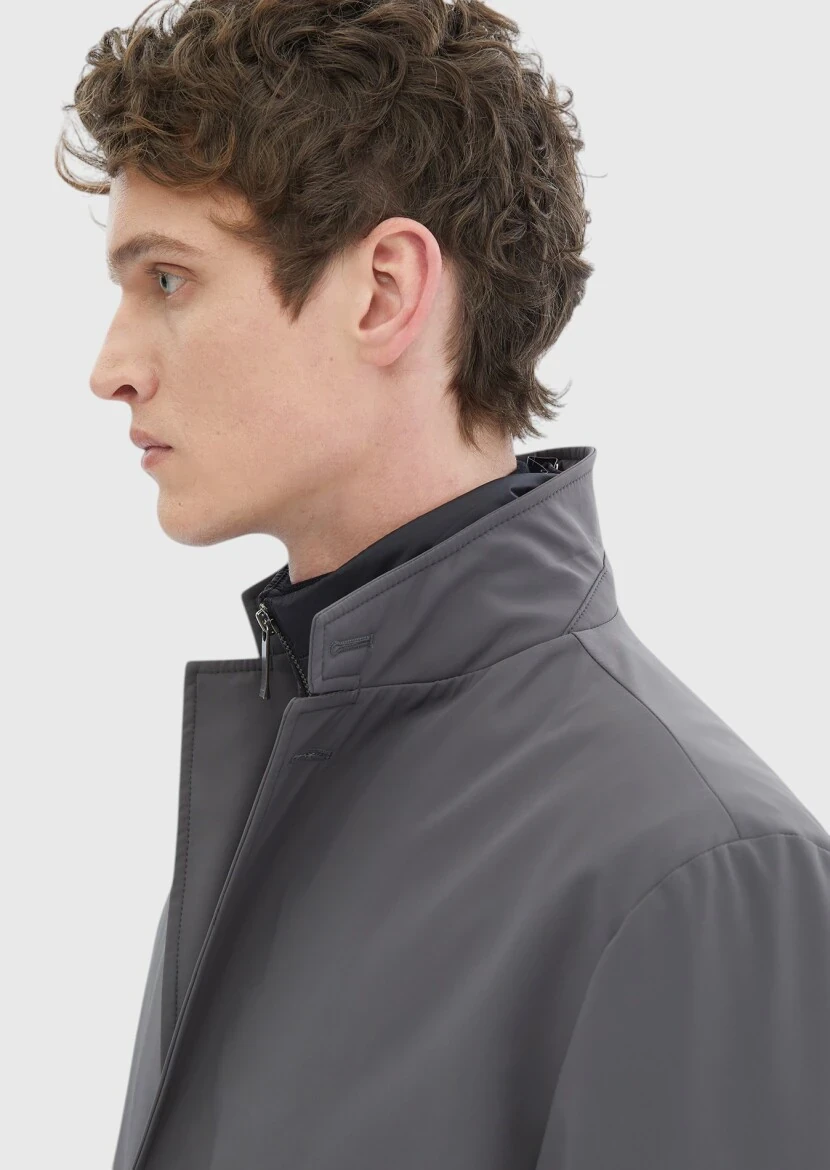 Dark Grey Regular Fit Double Breasted Collar Casual Weaving Rain Coat - 5