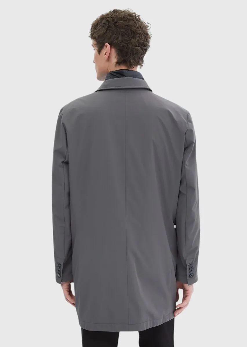 Dark Grey Regular Fit Double Breasted Collar Casual Weaving Rain Coat - 6