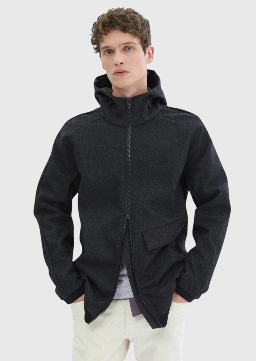 Dark Grey Regular Fit Hooded Denim Weaving Coat - RAMSEY