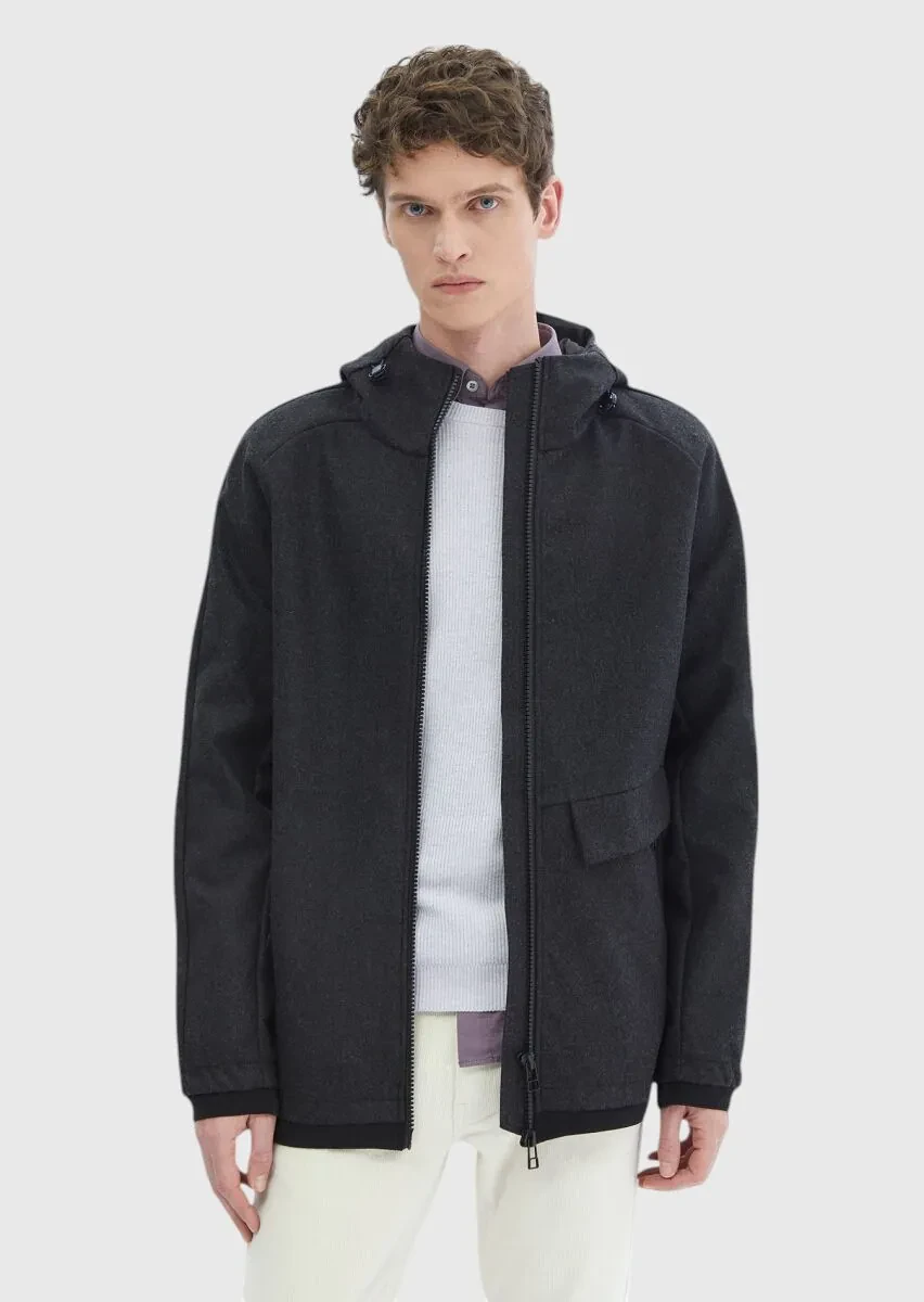 Dark Grey Regular Fit Hooded Denim Weaving Coat - 3