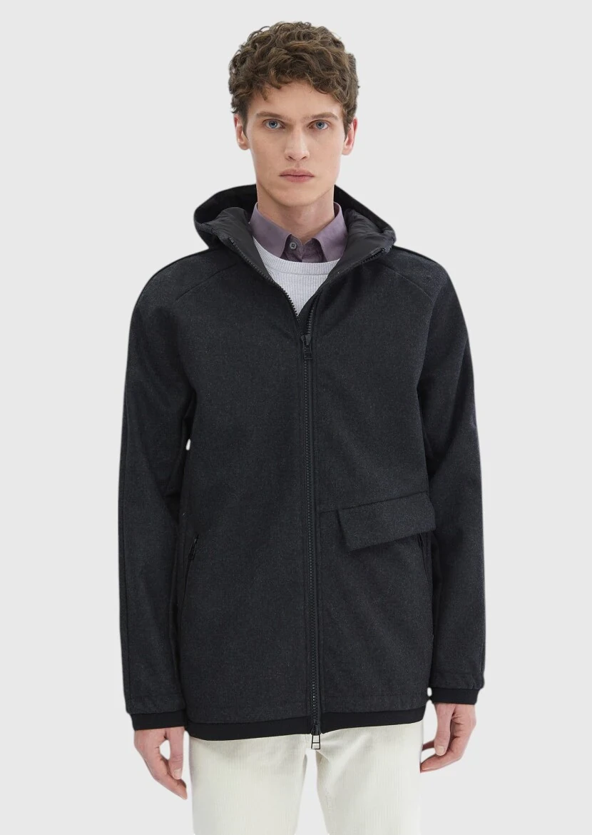 Dark Grey Regular Fit Hooded Denim Weaving Coat - 5