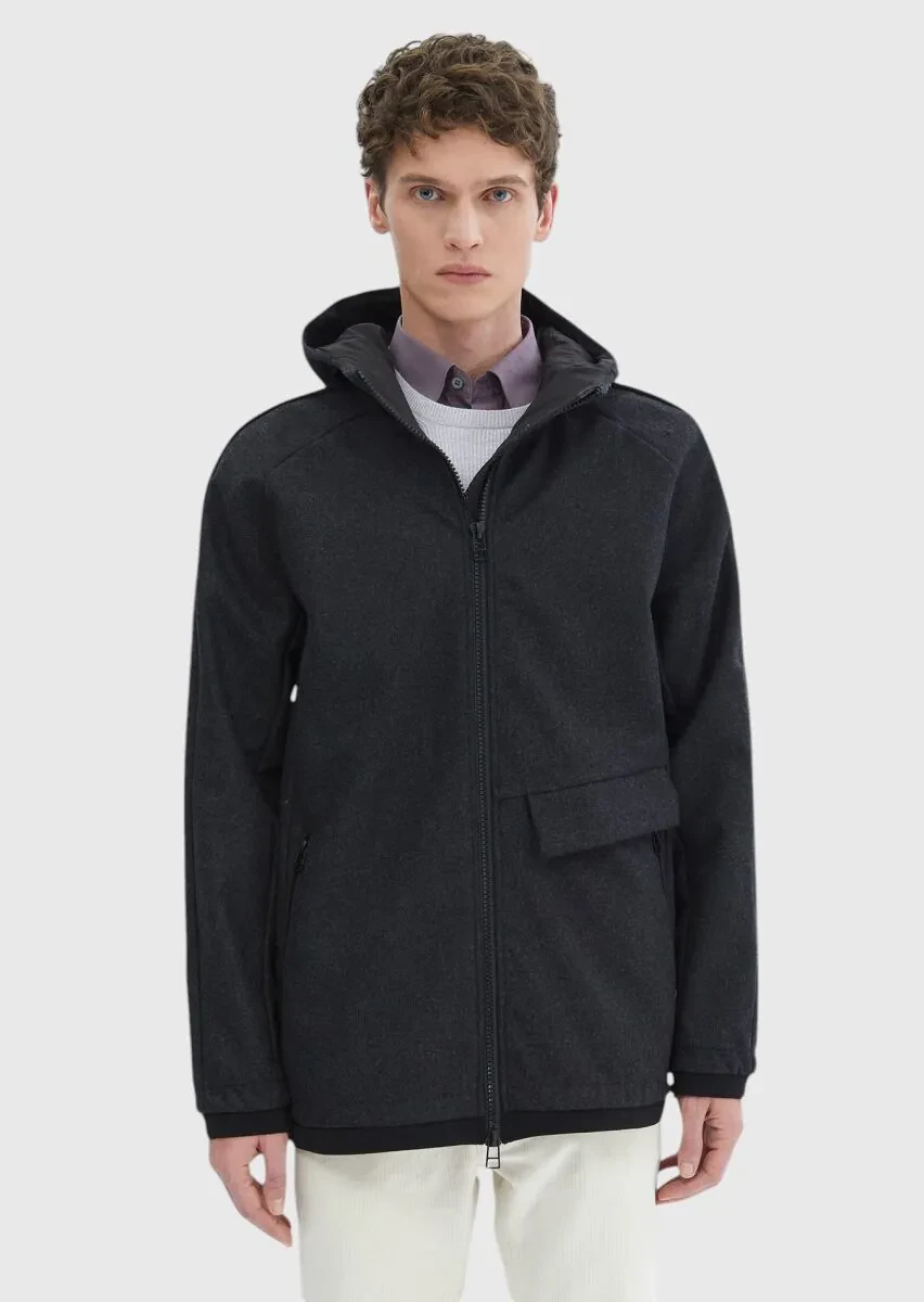 Dark Grey Regular Fit Hooded Denim Weaving Coat - 5