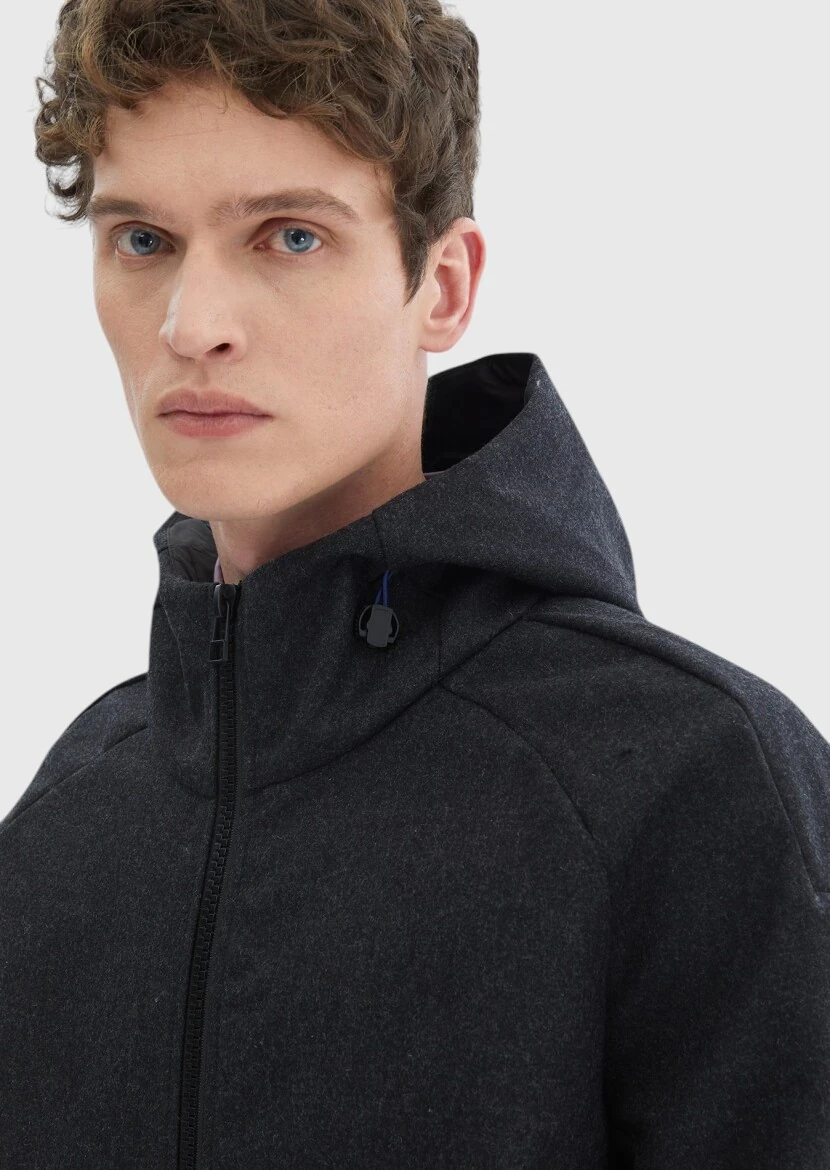 Dark Grey Regular Fit Hooded Denim Weaving Coat - 8