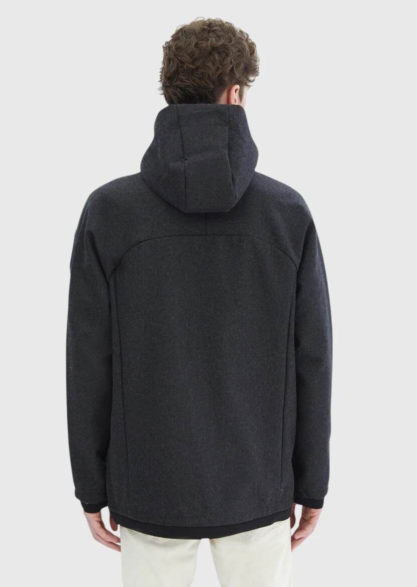 Dark Grey Regular Fit Hooded Denim Weaving Coat - 10