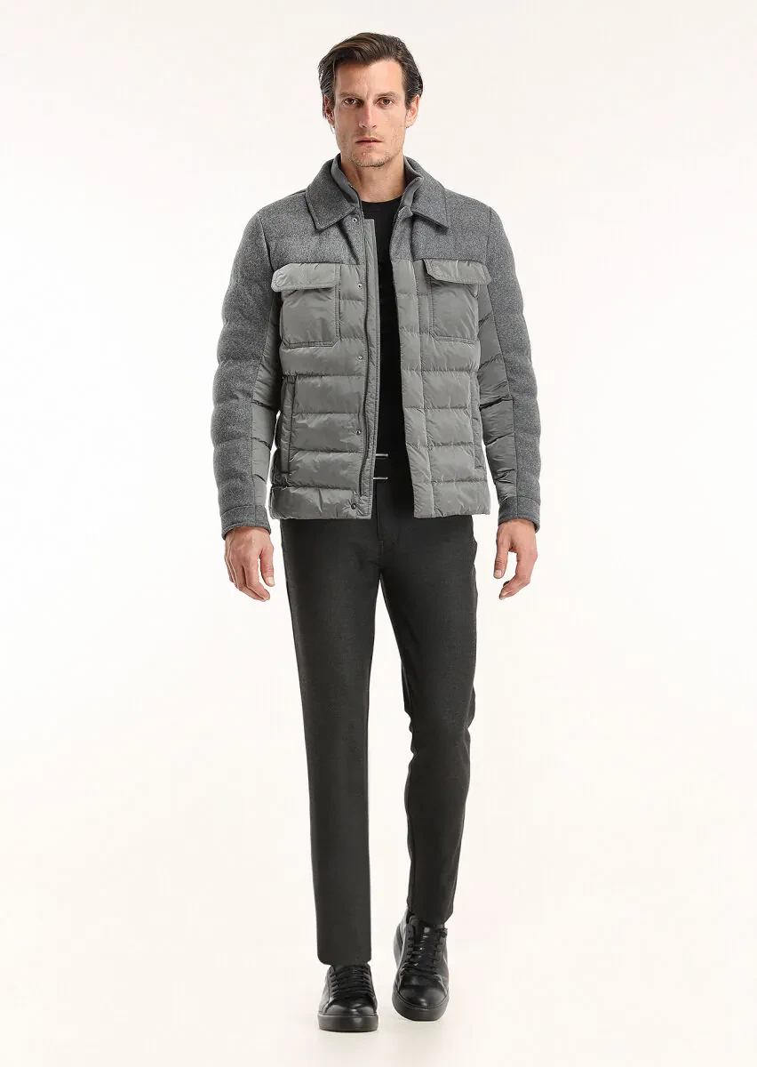 Dark Grey Regular Fit Shirt Collar Casual Weaving Coat - 1