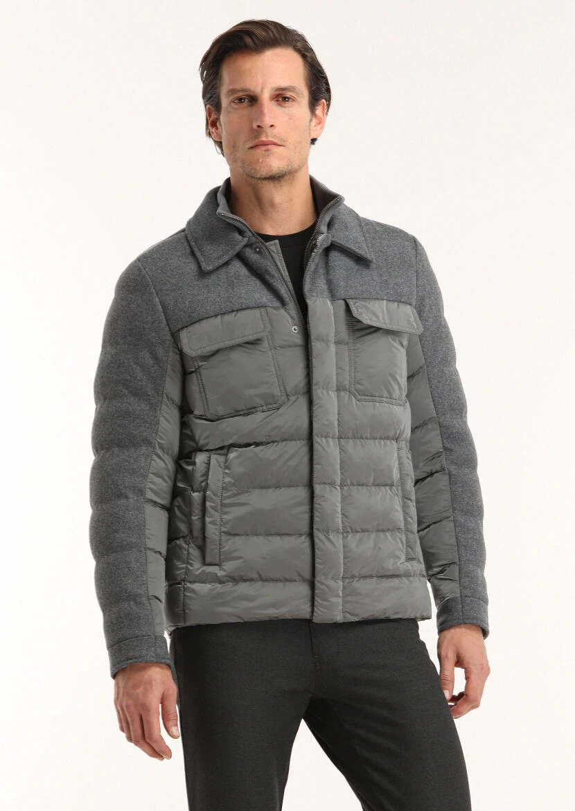 Dark Grey Regular Fit Shirt Collar Casual Weaving Coat - 2