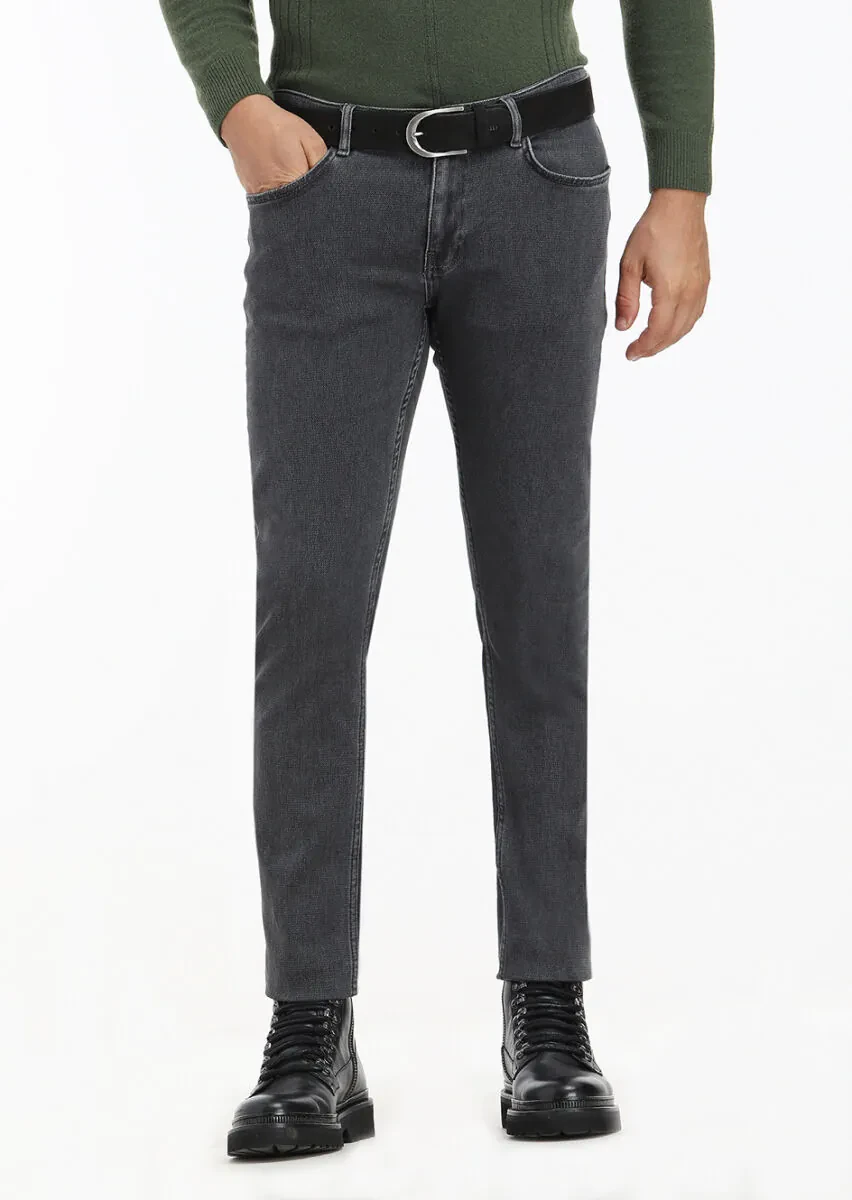 Dark Grey Slim Fit Denim Cotton Blended Trousers - 1