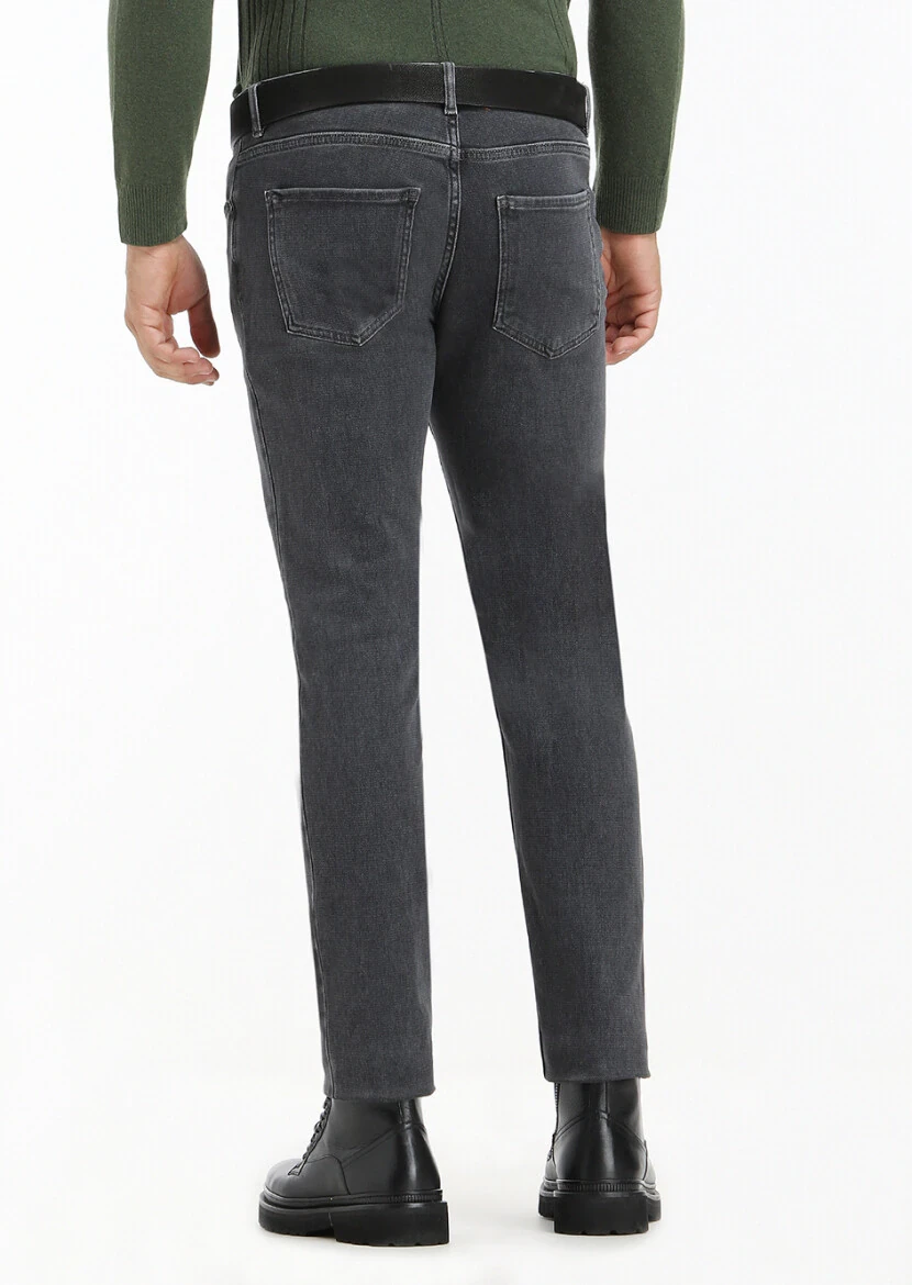Dark Grey Slim Fit Denim Cotton Blended Trousers - 4