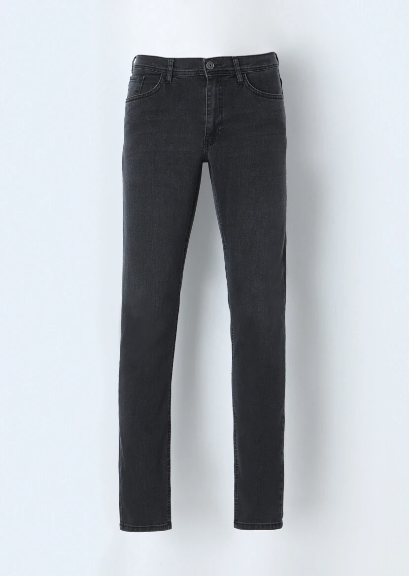 Dark Grey Slim Fit Denim Cotton Blended Trousers - 1