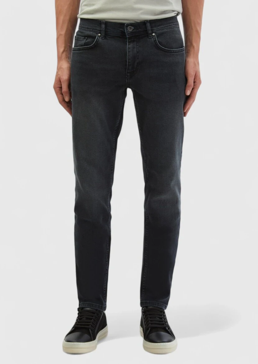 Dark Grey Slim Fit Denim Cotton Blended Trousers - RAMSEY