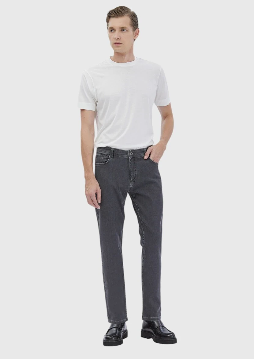 Dark Grey Slim Fit Denim Silk Blended Trousers - RAMSEY