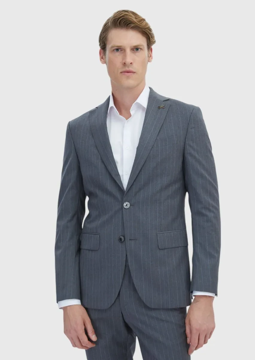 Dark Grey Striped Modern Fit 100% Wool Suit - 1