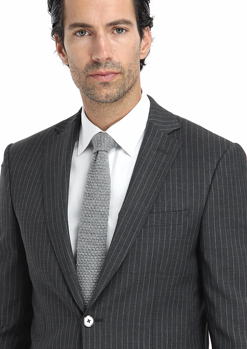 Dark Grey Striped Modern Fit Wool Blended Suit - 2