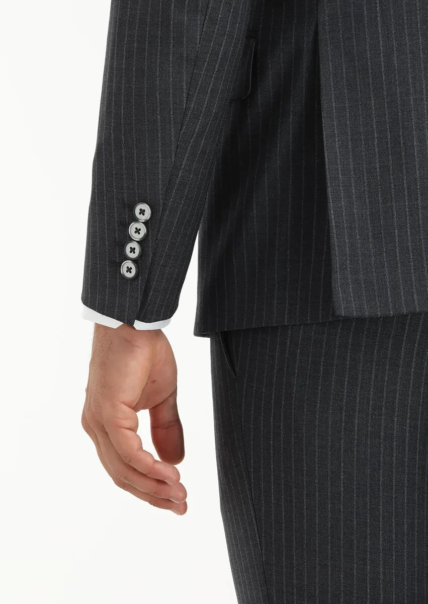 Dark Grey Striped Modern Fit Wool Blended Suit - 3