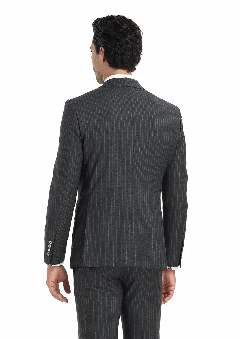 Dark Grey Striped Modern Fit Wool Blended Suit - 4