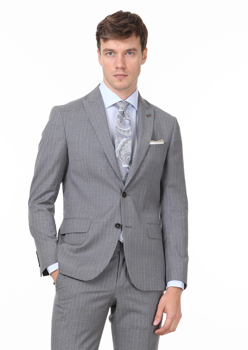 Dark Grey Striped Zeroweight Slim Fit 100% Wool Suit - 1