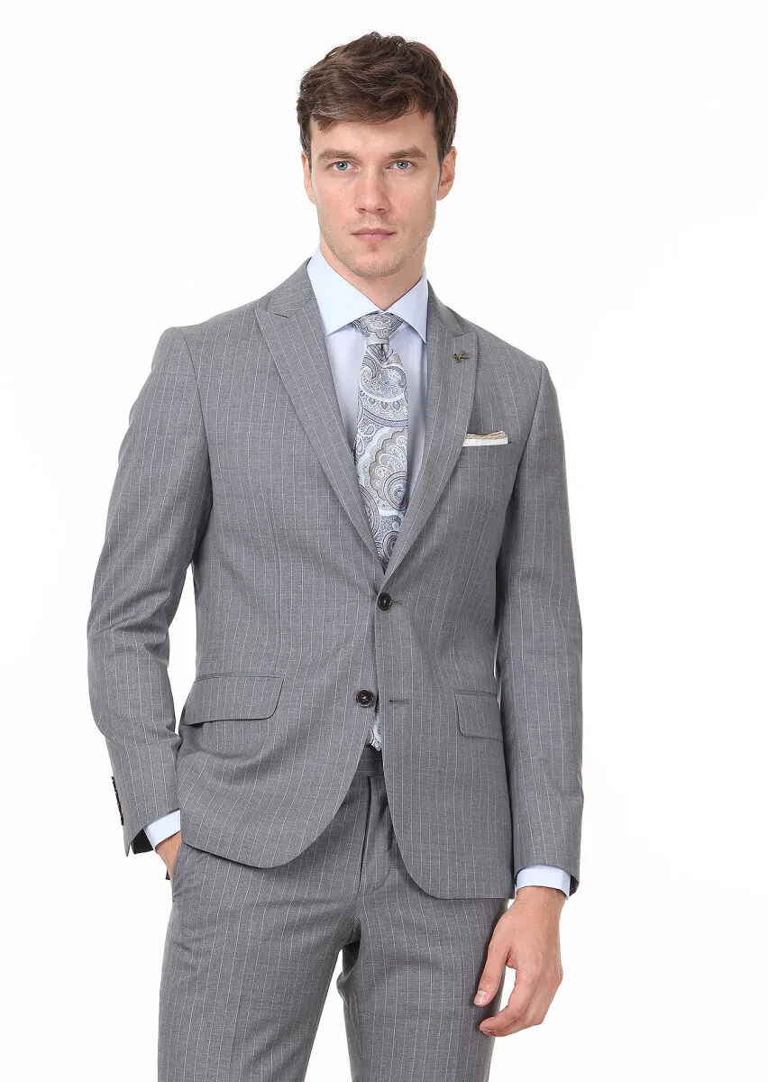 Dark Grey Striped Zeroweight Slim Fit 100% Wool Suit - 1