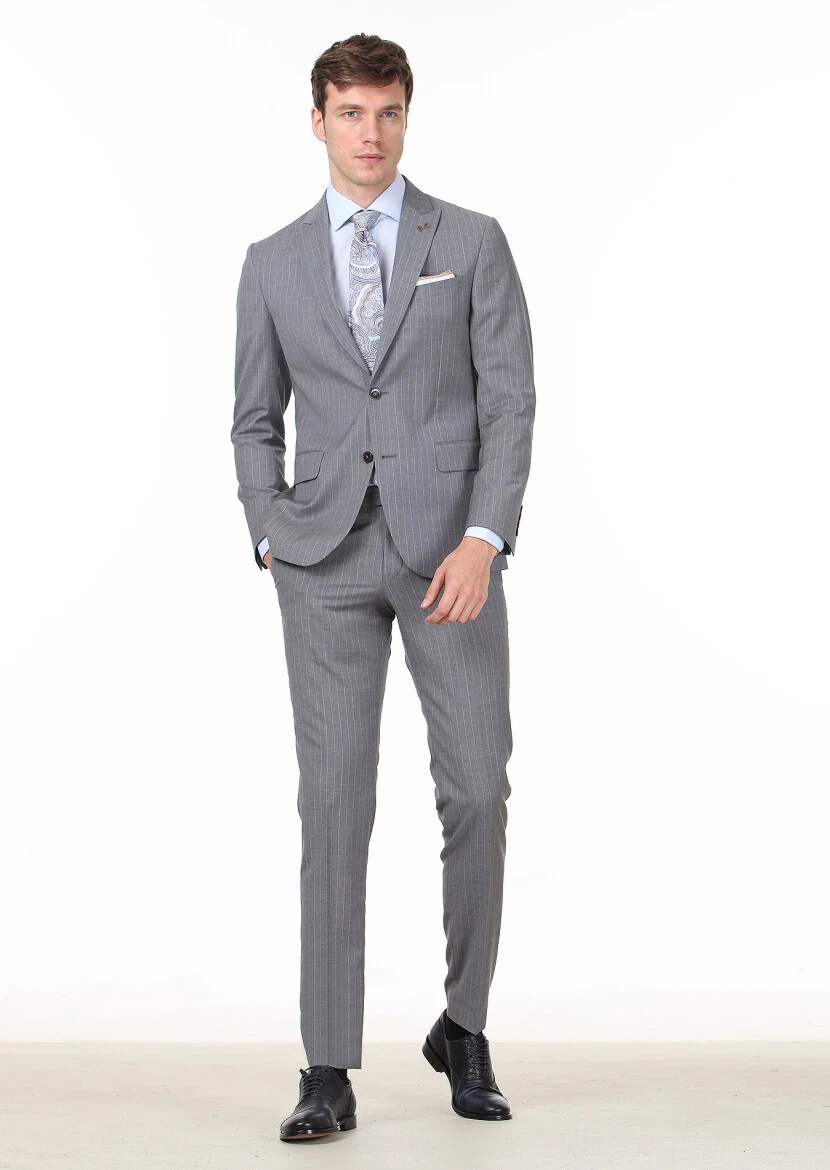 Dark Grey Striped Zeroweight Slim Fit 100% Wool Suit - 3