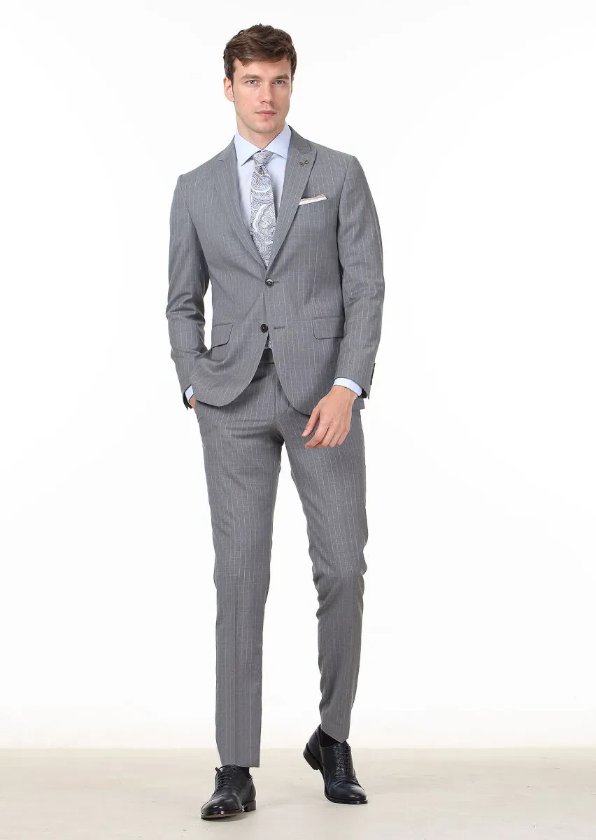 Dark Grey Striped Zeroweight Slim Fit 100% Wool Suit - 3