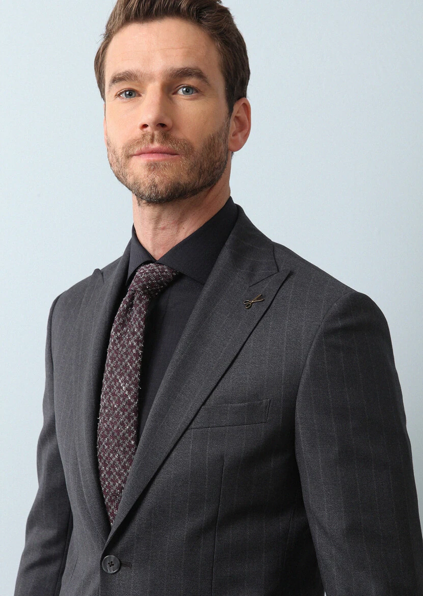 Dark Grey Striped Zeroweight Slim Fit 100% Wool Suit - 3