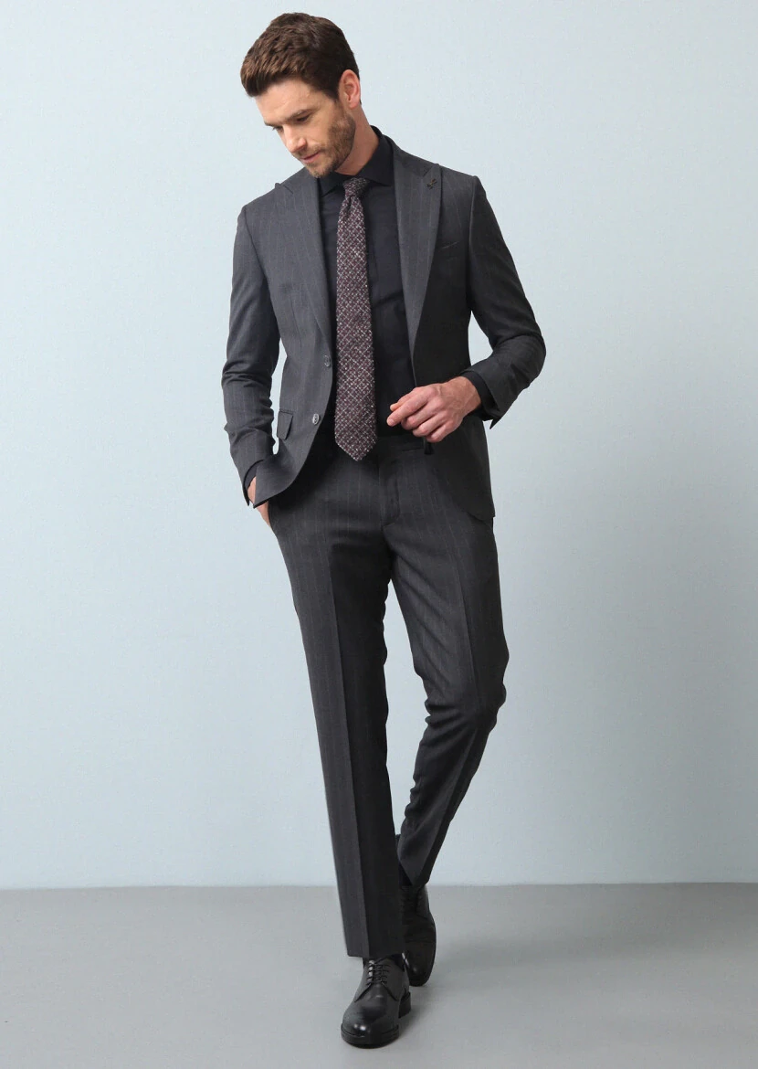 Dark Grey Striped Zeroweight Slim Fit 100% Wool Suit - 4
