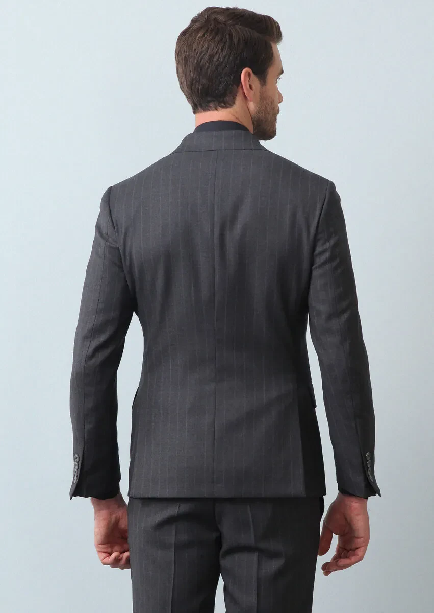Dark Grey Striped Zeroweight Slim Fit 100% Wool Suit - 5