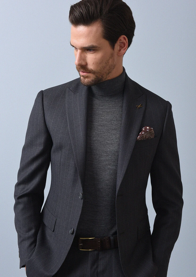 Dark Grey Striped Zeroweight Slim Fit 100% Wool Suit - 2