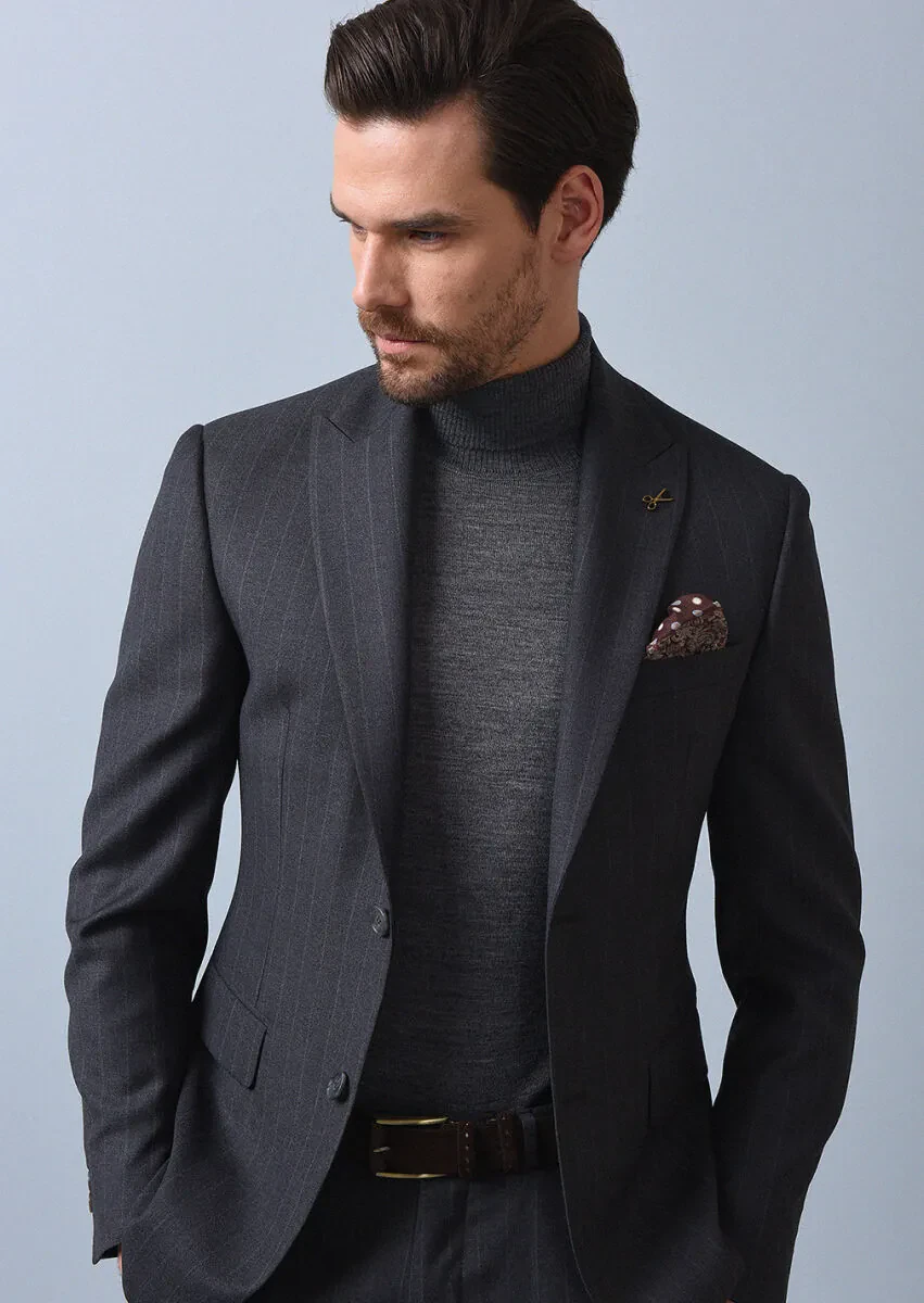 Dark Grey Striped Zeroweight Slim Fit 100% Wool Suit - 2
