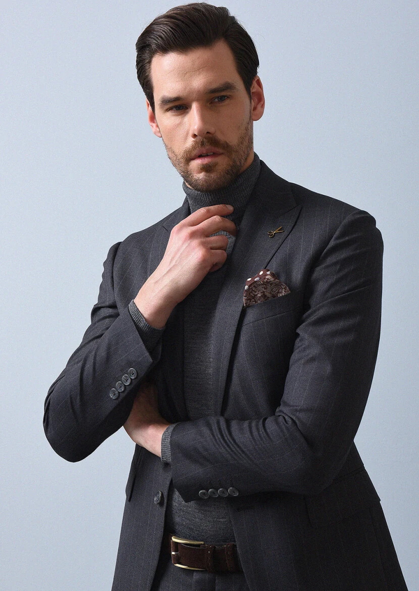 Dark Grey Striped Zeroweight Slim Fit 100% Wool Suit - 4