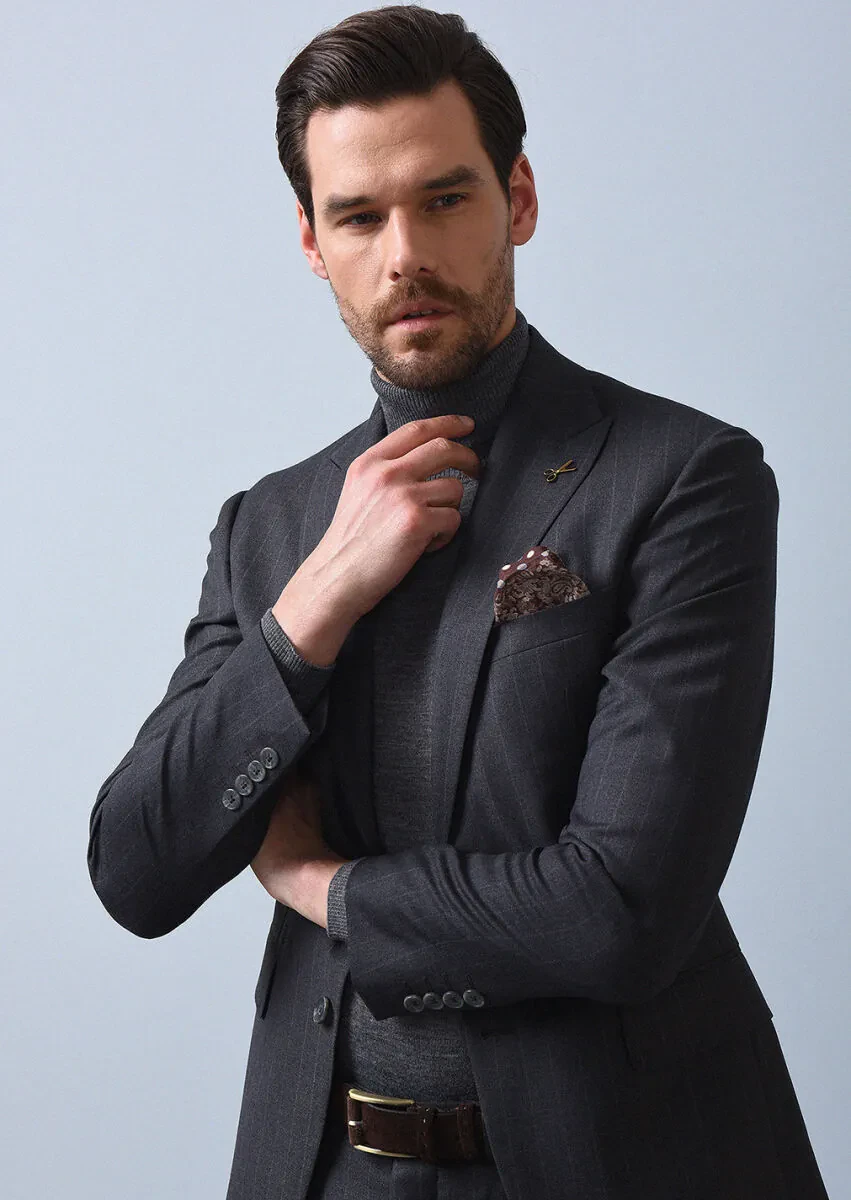 Dark Grey Striped Zeroweight Slim Fit 100% Wool Suit - 4
