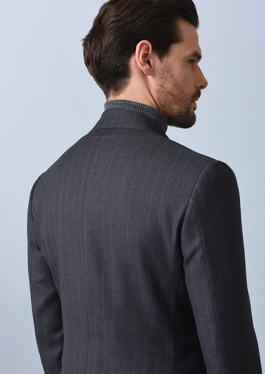 Dark Grey Striped Zeroweight Slim Fit 100% Wool Suit - 5