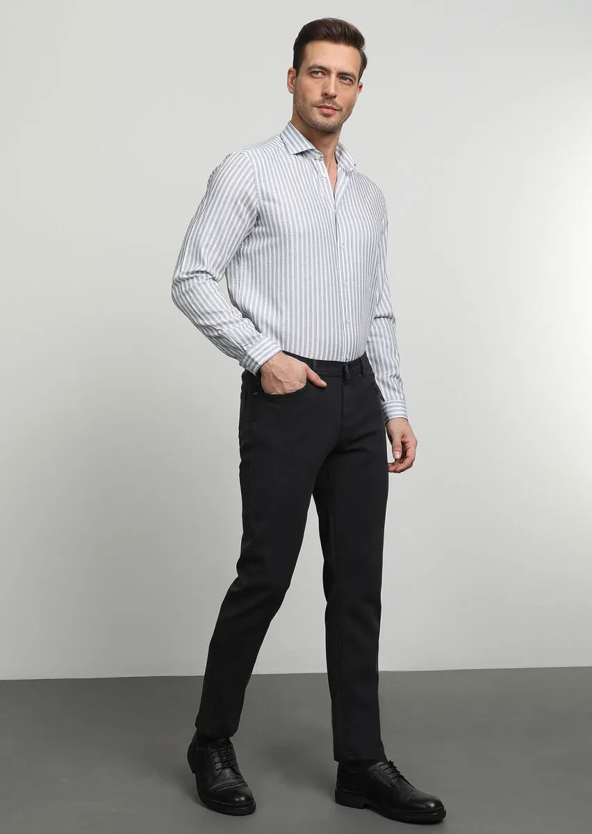 Dark Grey Weaving Slim Fit Casual Cotton Blended Trousers - 1
