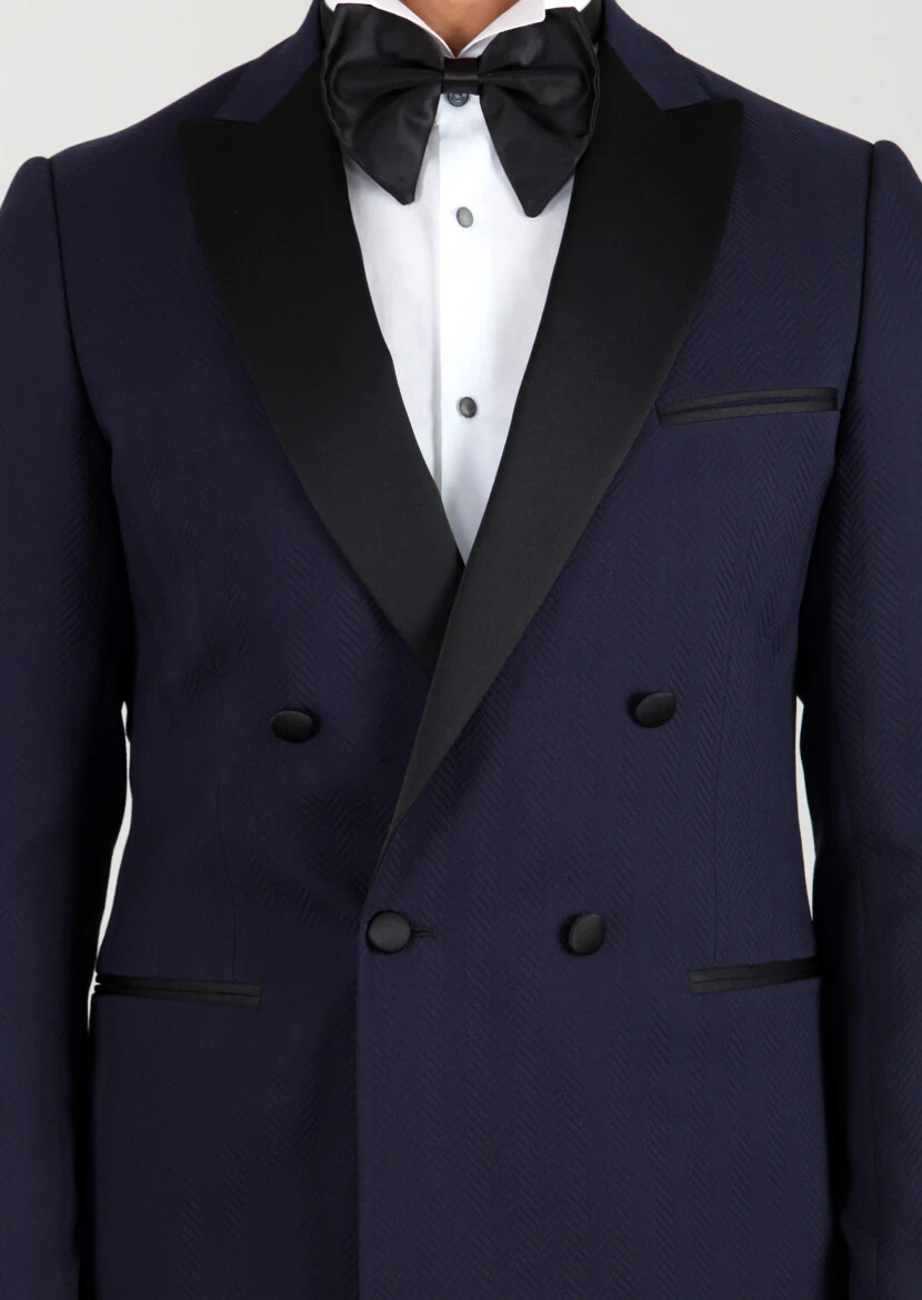 Dark Navyblue Cotton Blended Dinner Jacket - 3