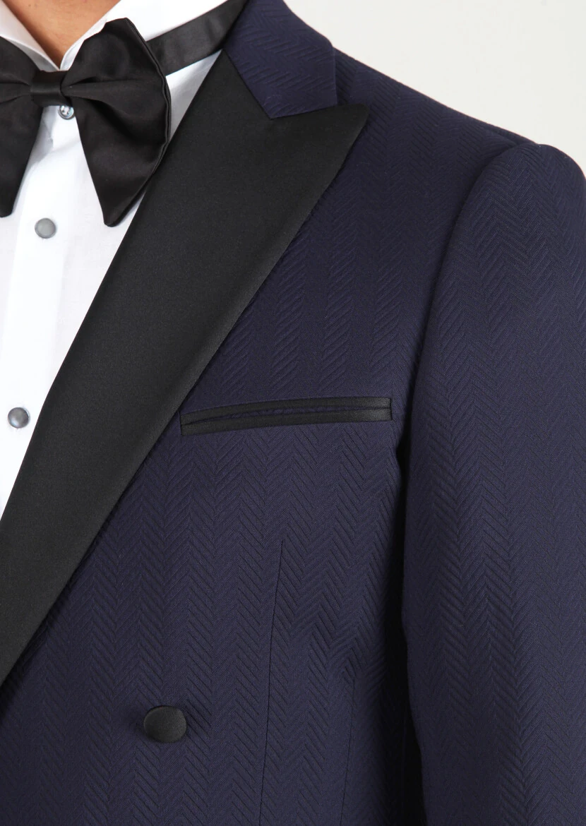 Dark Navyblue Cotton Blended Dinner Jacket - 4