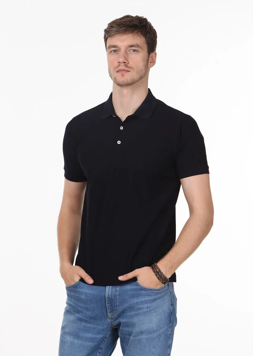 Dark Navyblue Jacquard Polo Neck 100% Cotton T-Shirt - 1