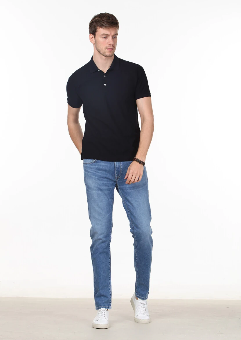 Dark Navyblue Jacquard Polo Neck 100% Cotton T-Shirt - 3