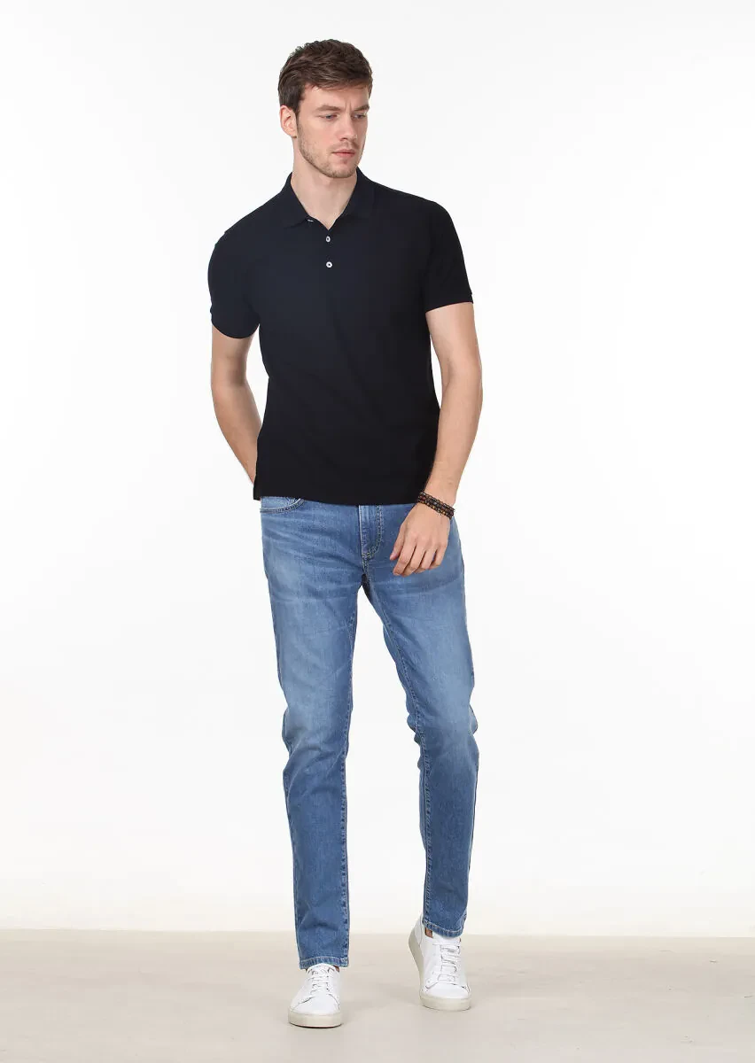 Dark Navyblue Jacquard Polo Neck 100% Cotton T-Shirt - 3