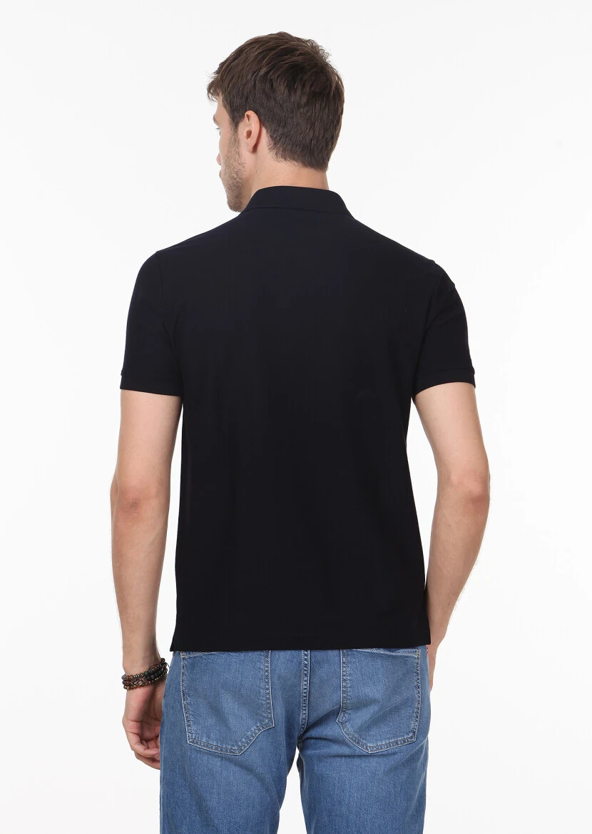 Dark Navyblue Jacquard Polo Neck 100% Cotton T-Shirt - 4