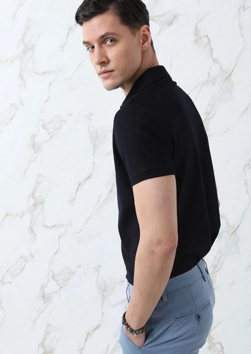 Dark Navyblue Jacquard Polo Neck 100% Cotton T-Shirt - 5