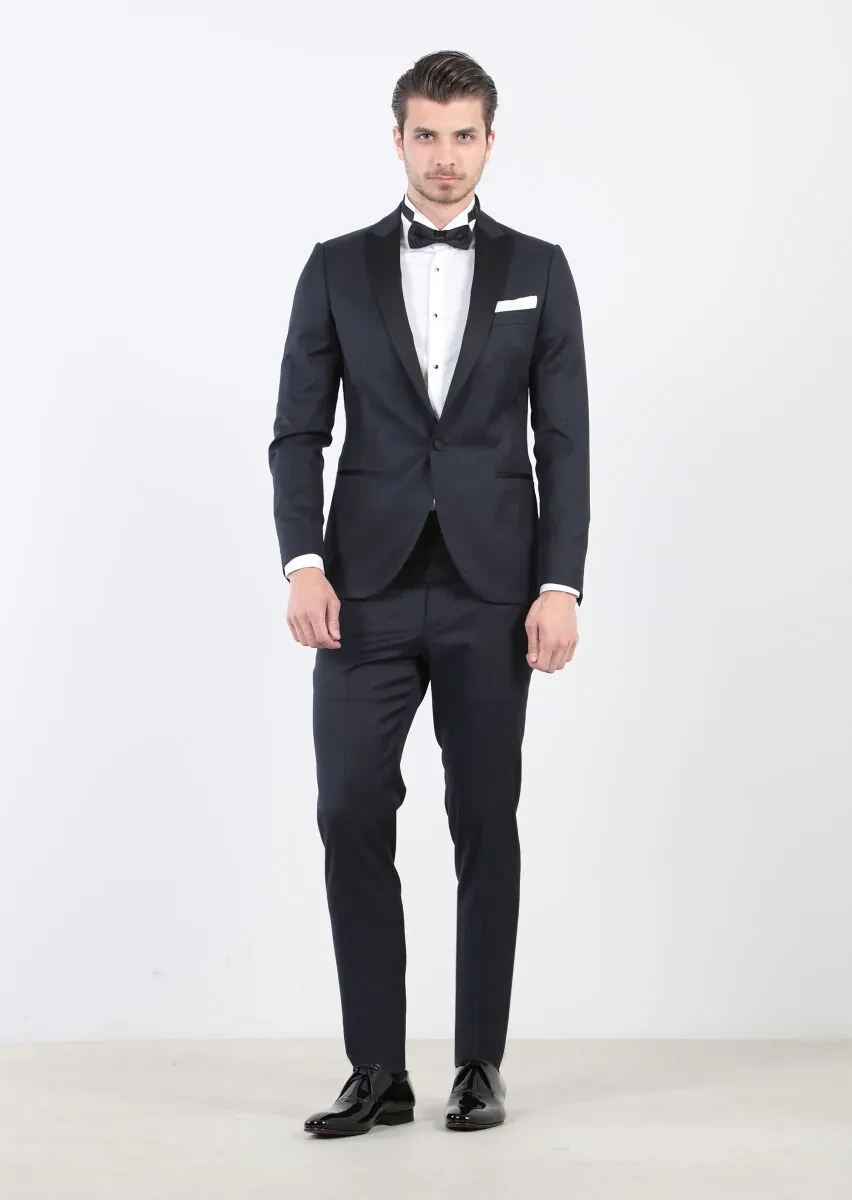 Dark Navyblue Patterned Fashion Slim Fit Double Breasted Collar Weaving Tuxedo - 1
