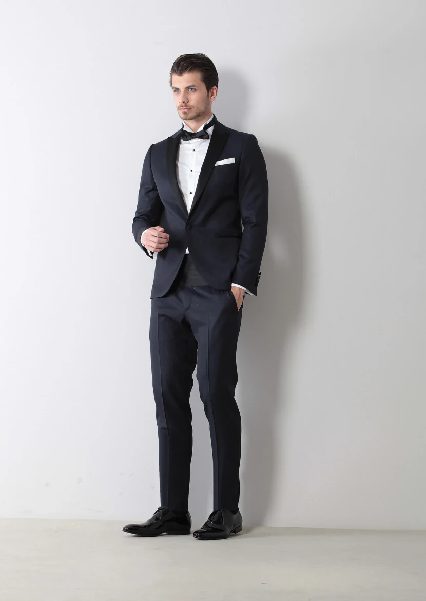 Dark Navyblue Patterned Fashion Slim Fit Double Breasted Collar Weaving Tuxedo - 2