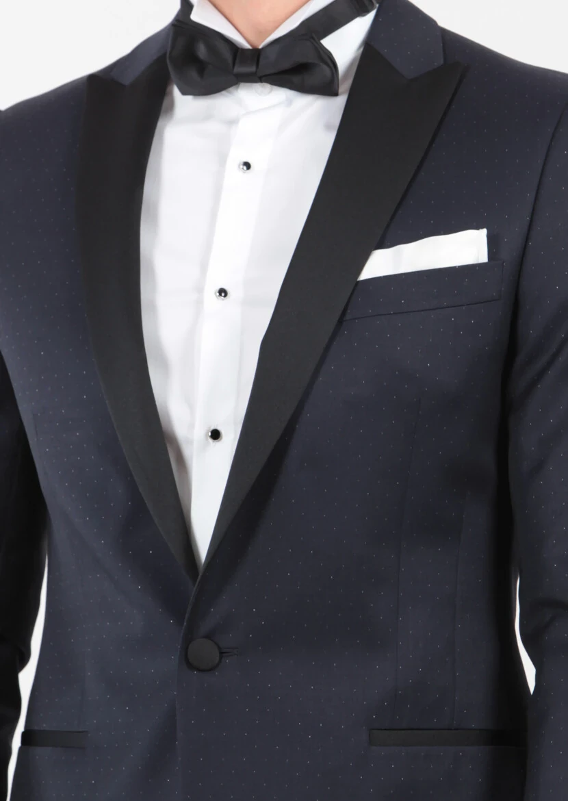 Dark Navyblue Patterned Fashion Slim Fit Double Breasted Collar Weaving Tuxedo - 3
