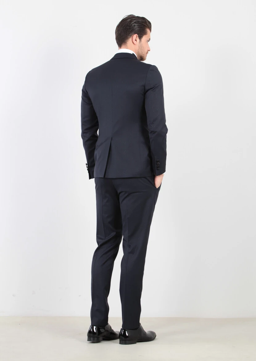 Dark Navyblue Patterned Fashion Slim Fit Double Breasted Collar Weaving Tuxedo - 4