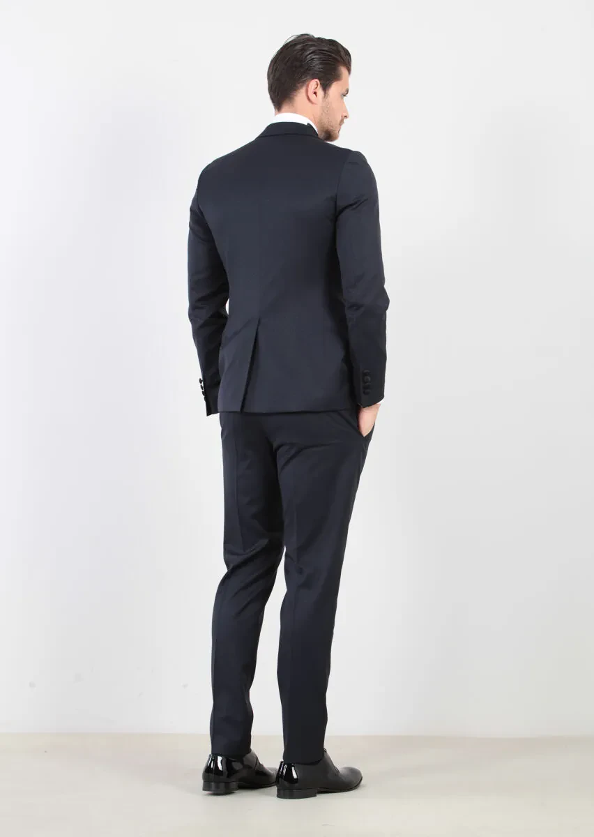 Dark Navyblue Patterned Fashion Slim Fit Double Breasted Collar Weaving Tuxedo - 4