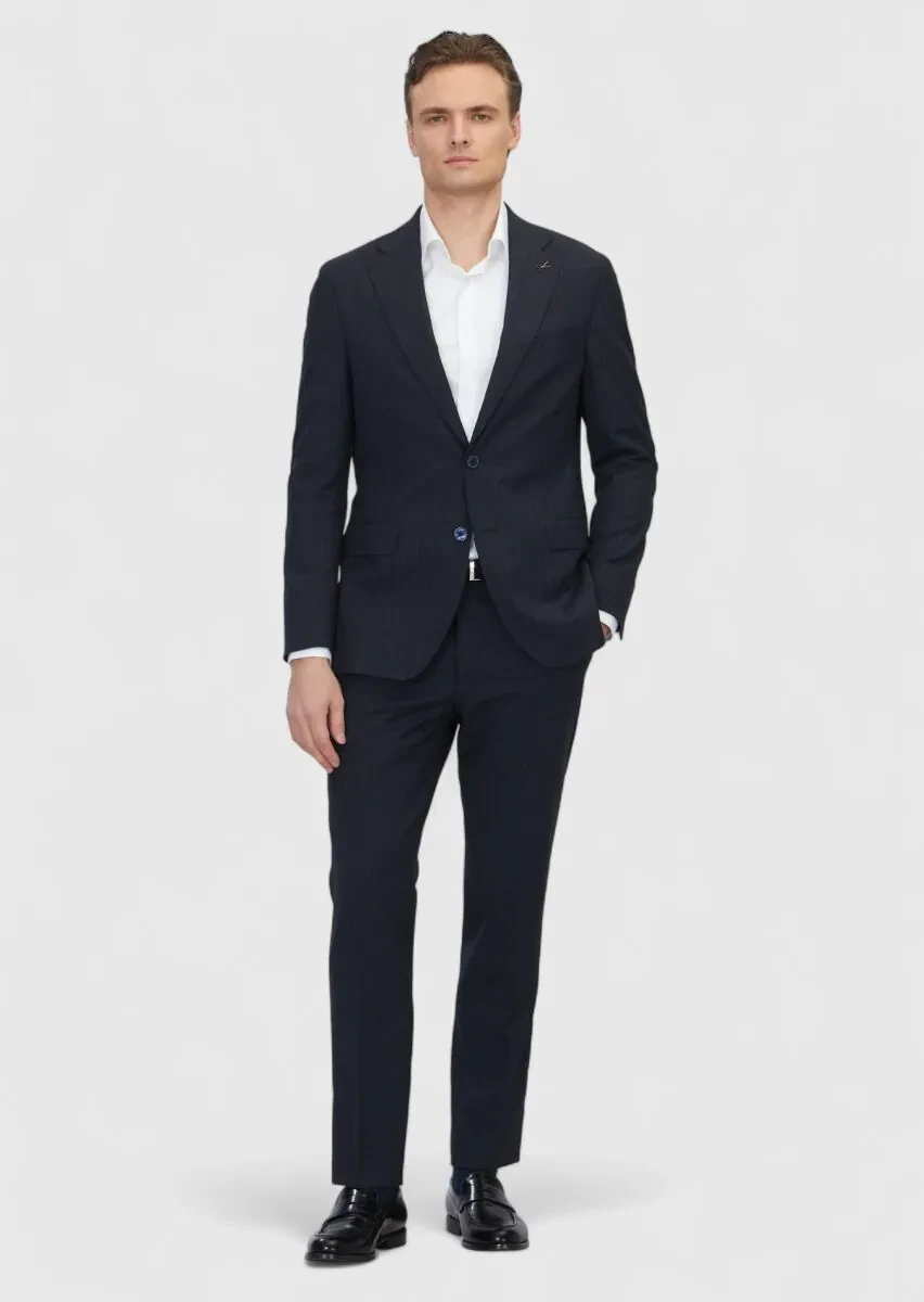 Dark Navyblue Patterned Zeroweight Slim Fit 100% Wool Suit - 2