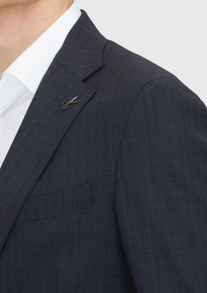 Dark Navyblue Patterned Zeroweight Slim Fit 100% Wool Suit - 4