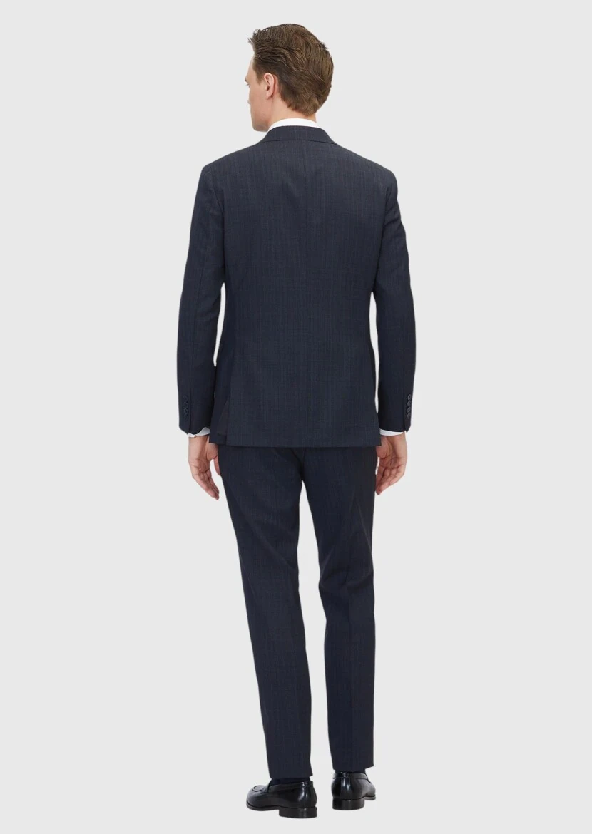 Dark Navyblue Patterned Zeroweight Slim Fit 100% Wool Suit - 6